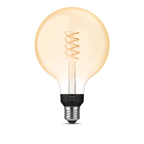 Round clear glass filament bulb with spiral filament, black base, and visible screw fitting. Text on base reads PHILIPS hue.