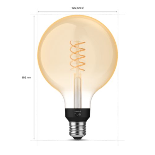 Large round filament light bulb with amber glass, visible spiral filament, screw base, matte black cap, and measurement labels.