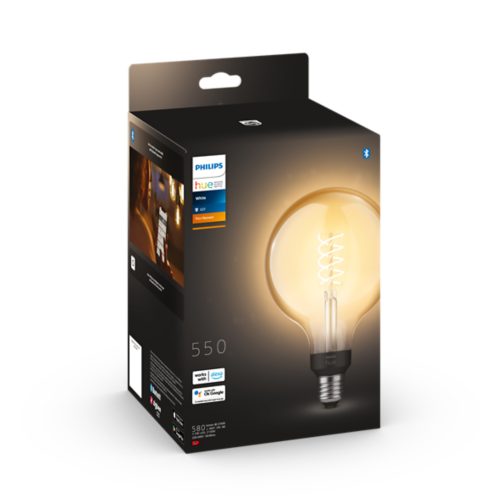 Packaging of a white filament bulb with spiral design, E27 base, visible matte finish, and compatibility icons for Alexa and Google.