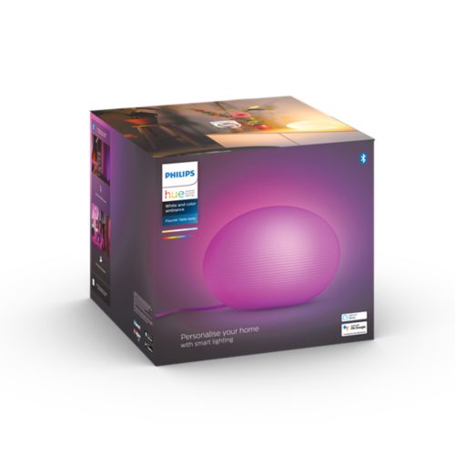 Product packaging for a white and color ambiance table lamp with a glowing orb design and text: Personalise your home with smart lighting.
