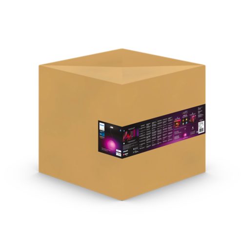 A large brown shipping box with a black product label featuring a smart lighting bulb and technical information.