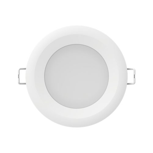 Garnea downlight, round shape, white color, with matte finish and compact design, visible side clips for installation.
