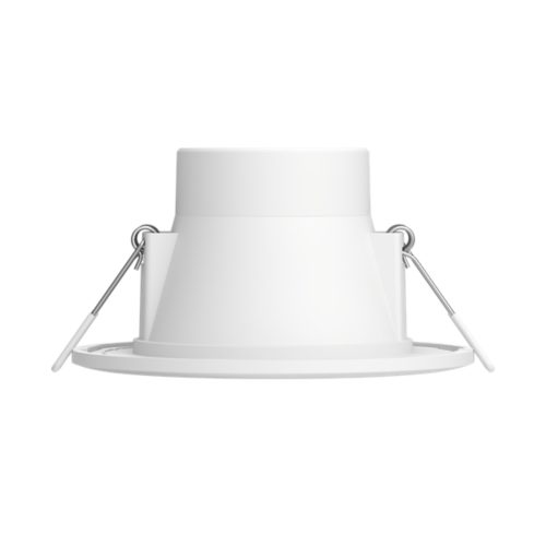 White Garnea downlight, round shape, matte finish, compact design, visible metal spring clips on sides for installation.