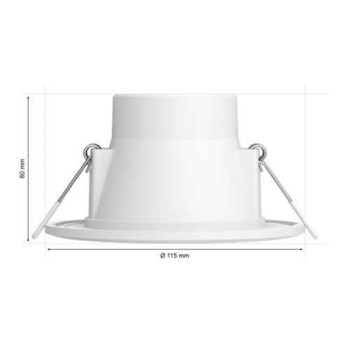 White Garnea downlight with round shape, matte finish, compact design, visible metal spring clips, dimensions 60 mm height, 115 mm diameter.