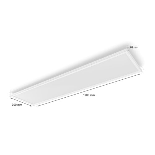 Rectangular white ceiling panel light with a matte finish, dimensions labeled as 1200 mm x 300 mm x 48 mm.