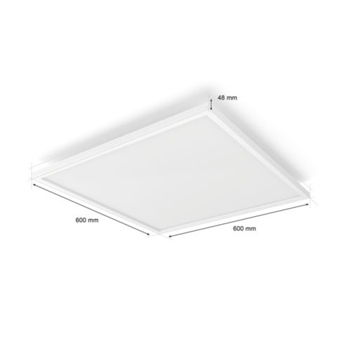 Square ceiling light panel with white matte finish, compact design, and visible measurements of 600 mm x 600 mm x 48 mm.