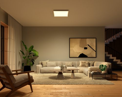 Square ceiling light panel mounted above a sofa, emitting soft illumination across a modern living room with neutral furnishings.