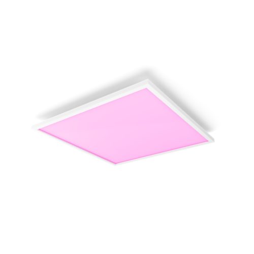 Square ceiling panel light with a white frame and pink illuminated surface, featuring a flat, compact design and matte finish.