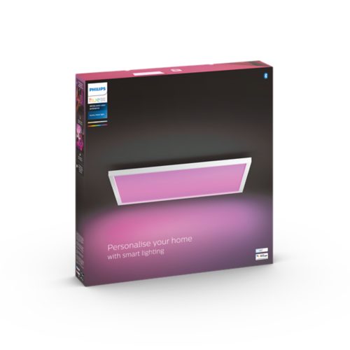 Product packaging showing a rectangular smart ceiling light with a pink glow and the text Personalise your home with smart lighting.