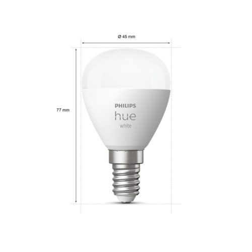 White smart LED luster bulb, E14 base, compact rounded shape, glossy finish, dimensions labeled as 45 mm by 77 mm.