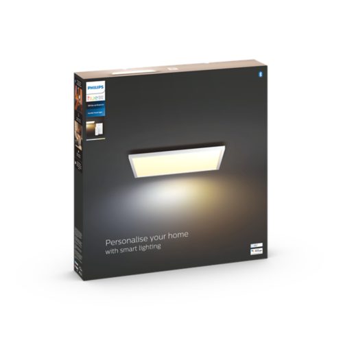 Rectangular ceiling light fixture emitting warm white light, shown on product packaging with text Personalise your home with smart lighting.