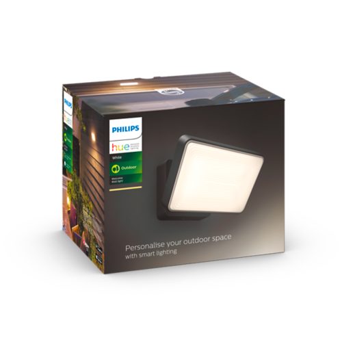 Box displaying a rectangular outdoor wall light with white illumination and the text Personalise your outdoor space with smart lighting.