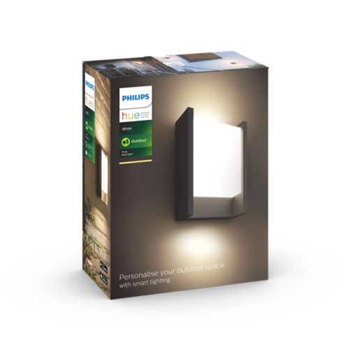 Product packaging for an outdoor wall light, showing a rectangular fixture emitting white light with text and images on the box.