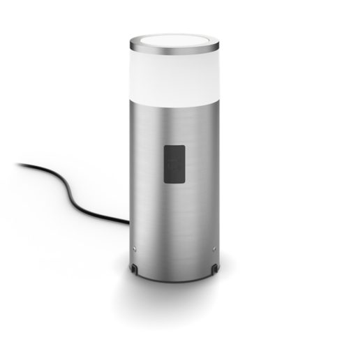 Calla pedestal light, cylindrical shape, stainless steel color with matte finish, compact design, visible power cord and label.