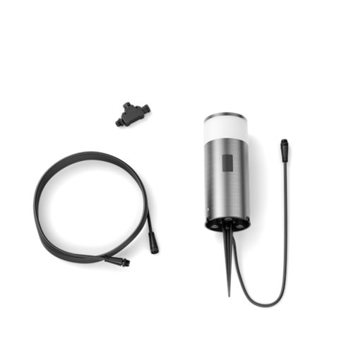 Stainless steel smart outdoor pedestal light with power cable, connector, and extension cord on a white background.