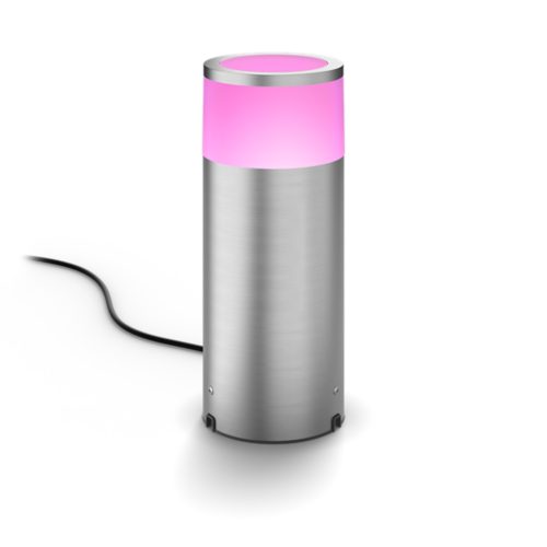 Calla pedestal light, cylindrical shape, stainless steel finish, compact design, with pink illuminated top and visible power cord.