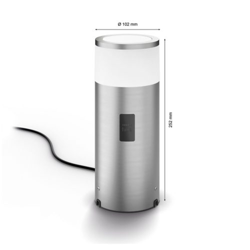 Stainless steel cylindrical outdoor bollard light with matte finish, white diffuser, visible power cord, and product dimensions labeled.