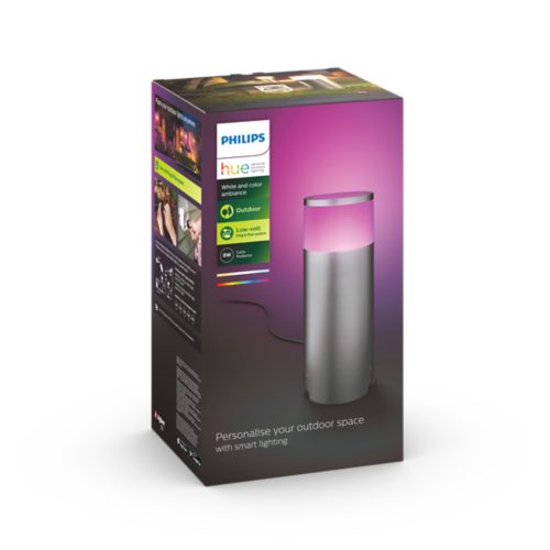 Product packaging showing a cylindrical outdoor smart light with a pink glow and text Personalise your outdoor space with smart lighting.