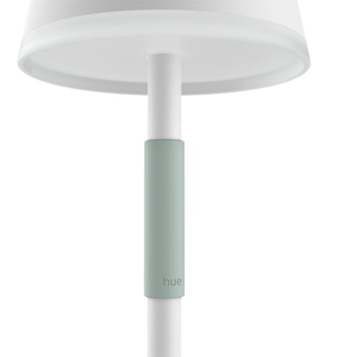White portable lamp with a rounded shade, cylindrical base, matte finish, and light green accent featuring hue text.