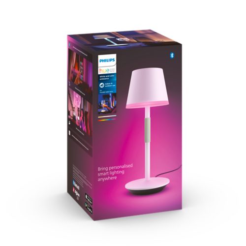 Product packaging showing a portable table lamp emitting pink light, with text reading Bring personalised smart lighting anywhere.