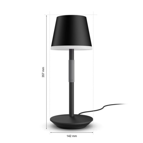 Black Belle portable lamp with a matte finish, round base, tapered shade, visible power cord, and dimensions labeled on the image.