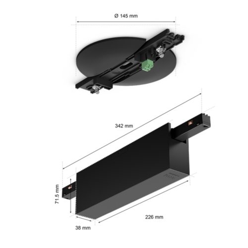 Rectangular black ceiling power supply unit with matte finish, visible connectors, and labeled dimensions in millimeters.