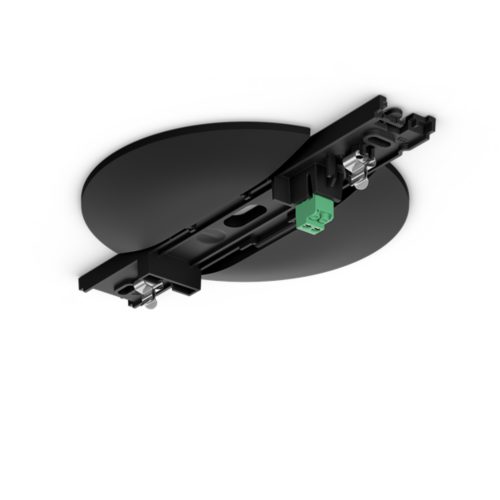 Perifo ceiling power supply unit in a compact, round black shape with matte finish, visible green connector and metallic clips.