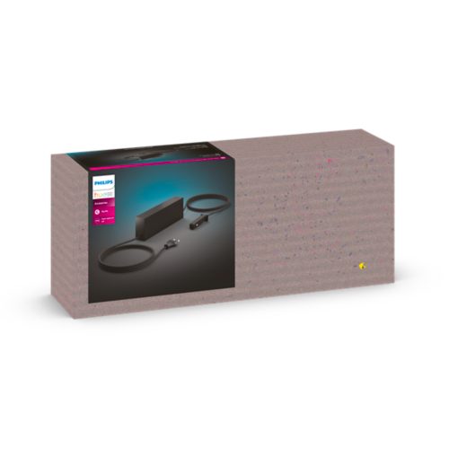 A rectangular product box featuring an image of a black electronic device with two cables against a dark background.