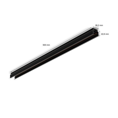 Black Perifo rail, linear shape, matte finish, with visible dimensions of 500 mm length, 26.2 mm height, and 22.6 mm width.