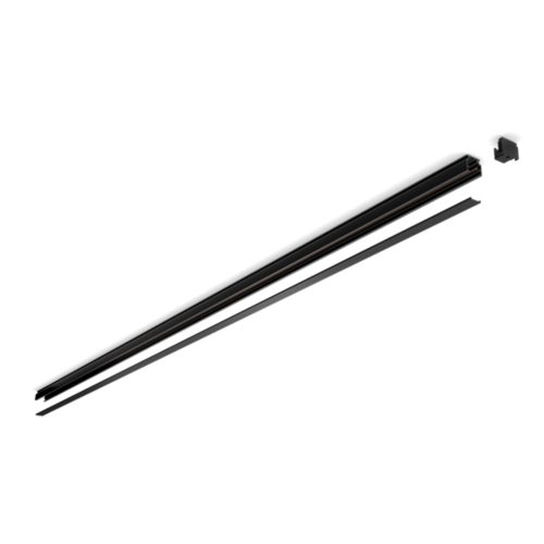 Black Perifo rail, linear shape, matte finish, with visible connector and cover, designed for modular smart lighting installation.