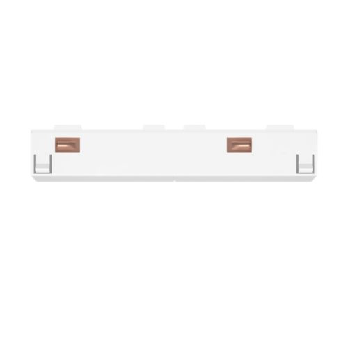 Straight connector for track lighting, rectangular shape, white color with copper contact points, matte finish, compact design.