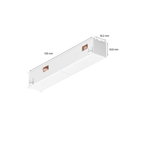 Perifo straight connector, rectangular shape, white color, compact design with two visible copper terminals and matte finish, labeled dimensions.