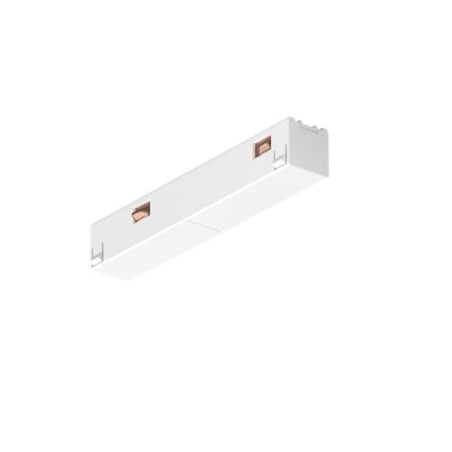 Straight connector for track lighting, rectangular shape, white color, matte finish, with visible copper-colored connection points.