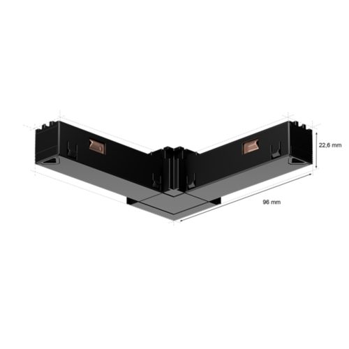 Black Perifo external corner connector with angular shape, matte finish, copper-colored port, and dimensions labeled as 96 mm and 22.6 mm.
