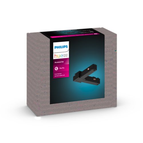 Black Perifo connector corner external accessory with matte finish, compact shape, and visible copper contact points on packaging.