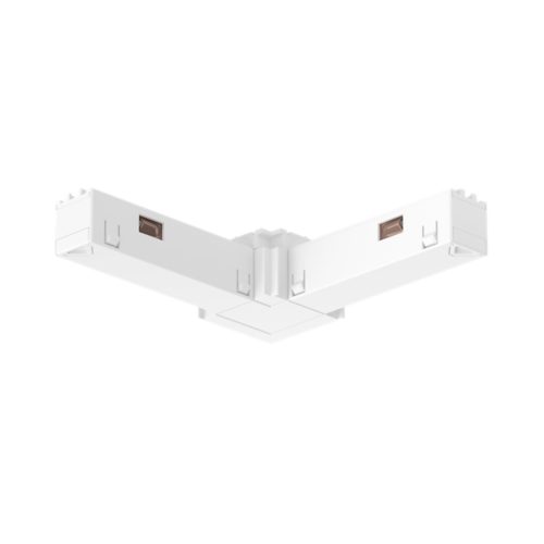 White Perifo external corner connector in a rectangular shape with matte finish, featuring visible brown ports on each side.