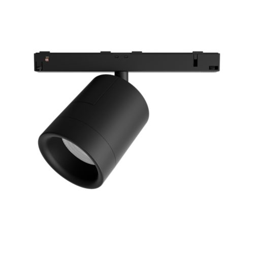 Black Perifo cylinder spotlight with a matte finish, compact cylindrical shape, track-mounted, lens visible on the front.