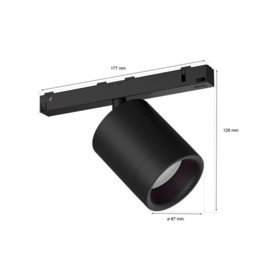 Black Perifo cylinder spotlight with a matte finish, compact cylindrical shape, mounted on a horizontal rail, dimensions labeled.