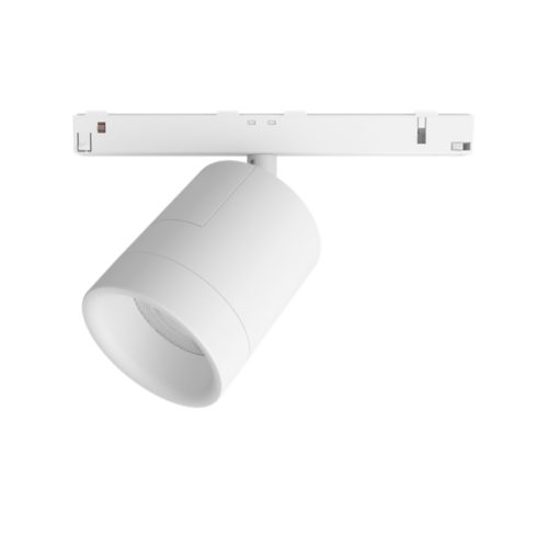 White Perifo cylinder-shaped spotlight with matte finish, mounted on a linear track, featuring a visible front lens.