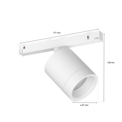 White Perifo cylinder spotlight with a compact cylindrical shape, matte finish, and visible mounting rail. Dimensions shown in millimeters.