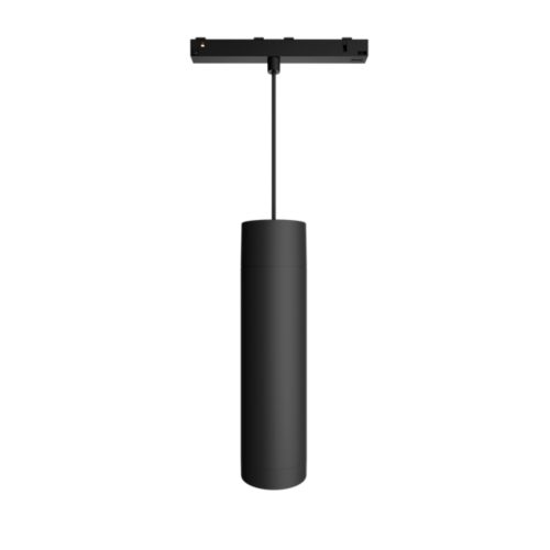 Black Perifo cylinder pendant light, cylindrical shape, matte finish, suspended from a rectangular ceiling mount with visible cord.