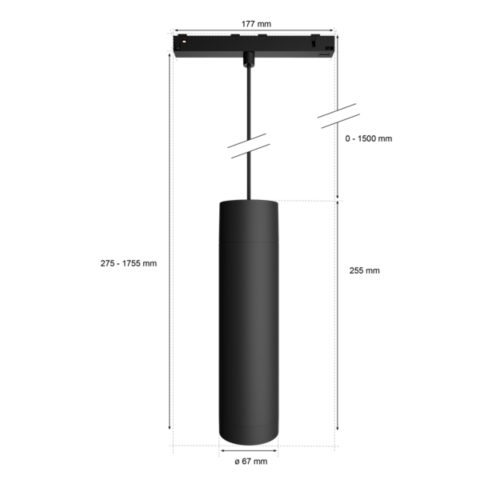 Black Perifo cylinder pendant light with matte finish, cylindrical shape, suspension cord, and visible measurement labels in millimeters.