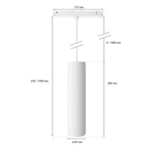 White Perifo cylinder pendant light with matte finish, cylindrical shape, suspended from ceiling mount, dimensions labeled in millimeters.