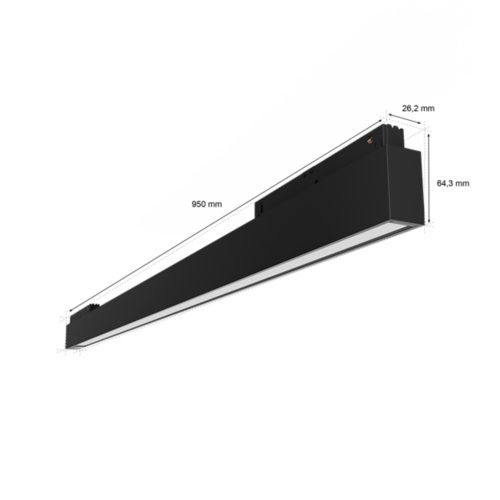 Black Perifo linear light bar with rectangular shape, matte finish, and visible measurements: 950 mm length, 26.2 mm width, 64.3 mm height.
