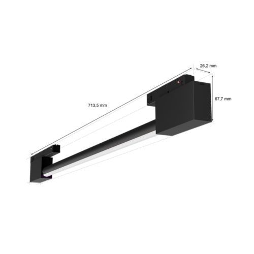 Compact Perifo gradient light tube, rectangular shape, black finish, visible dimensions marked as 713.5 mm, 67.7 mm, and 26.2 mm.