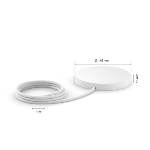 White Perifo mounting kit, round shape, compact design, matte finish, with attached braided cable, dimensions and text visible.