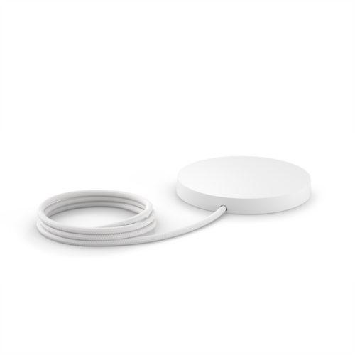White Perifo mounting kit with a round, compact shape and matte finish, featuring a braided cable connected to the base.