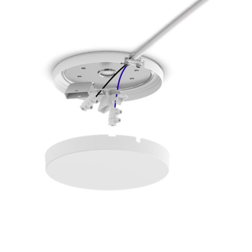 White Perifo mounting kit, round shape, matte finish, with visible wiring and connectors, cover detached below base.