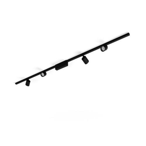 Black cylindrical ceiling track light set with four adjustable spotlights, matte finish, compact design, no visible switches or ports.