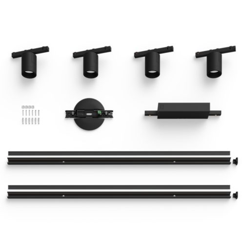 Collection of black cylindrical spotlights, mounting hardware, circular base, rectangular adapter, and two straight rails on white background.